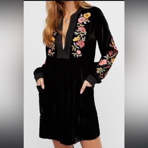 FREE PEOPLE: Black Velvet Embroidered Mini Dress